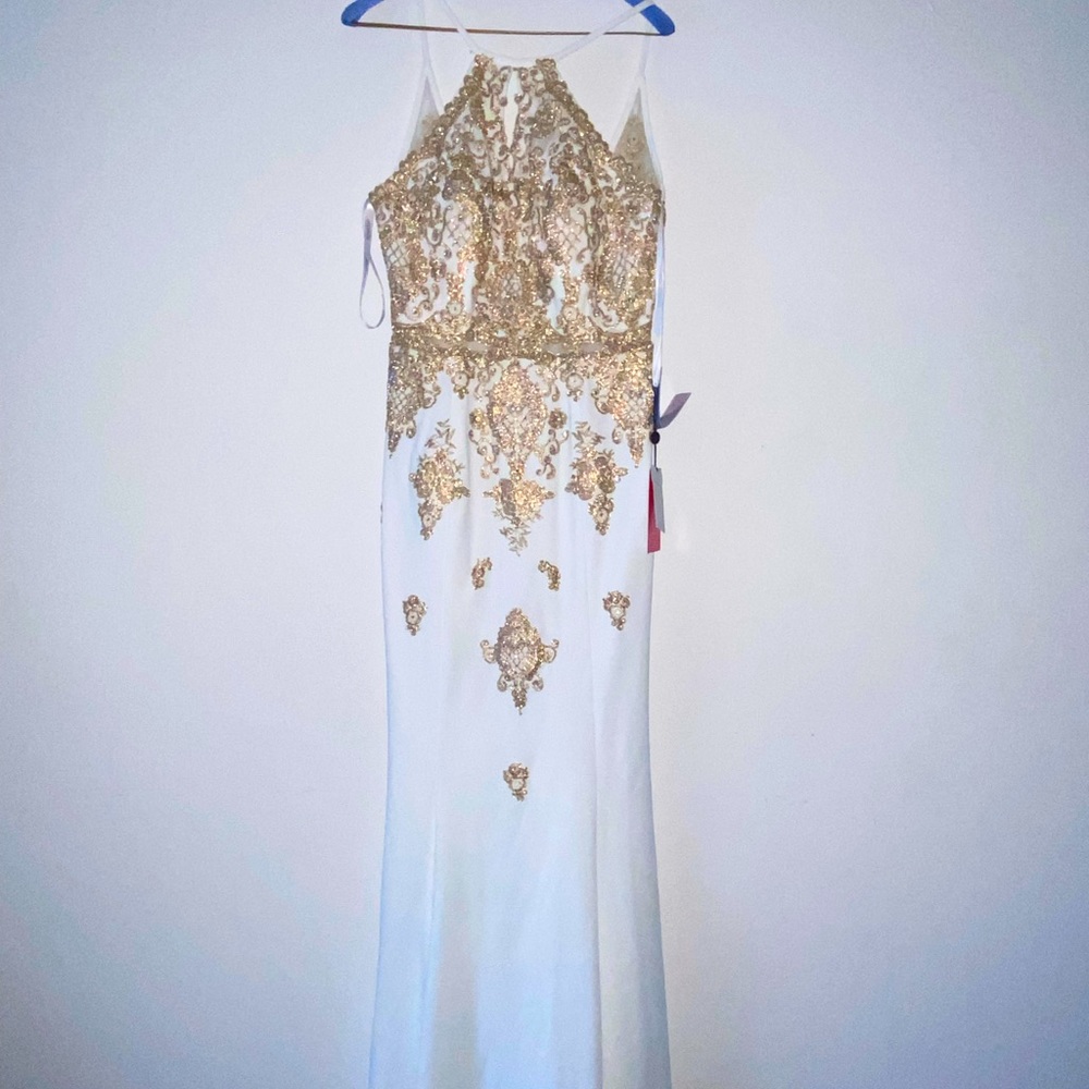 White with Gold design Prom dress
